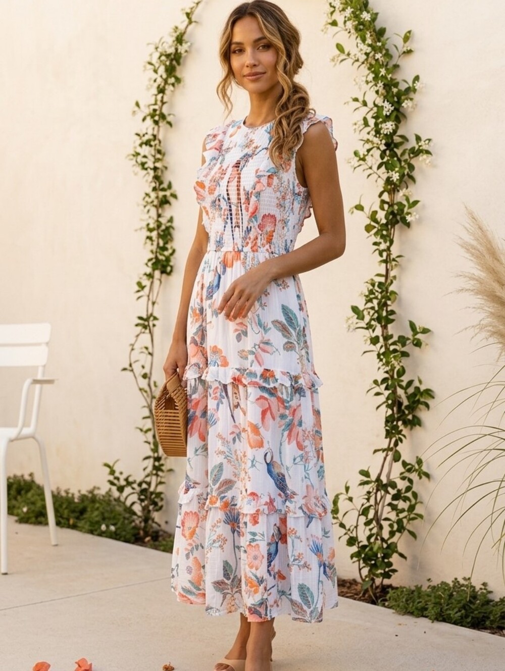 Banjanan Hannah Dress Mediu Folk Art Floral Cotton Voile Boho Maxi Tiered Ruffle